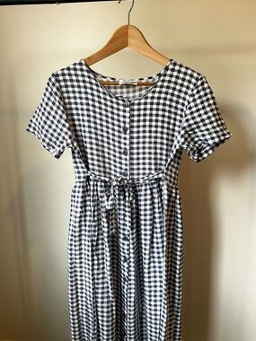 Cottagecore Vintage Navy and White Gingham Button-Front Midi Dress M